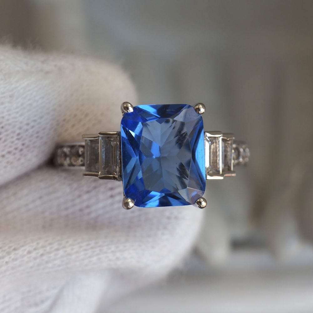 925 Sterling Silver Blue Gemstone Ring Baguette Accent 6 Bradford Exchange BGE